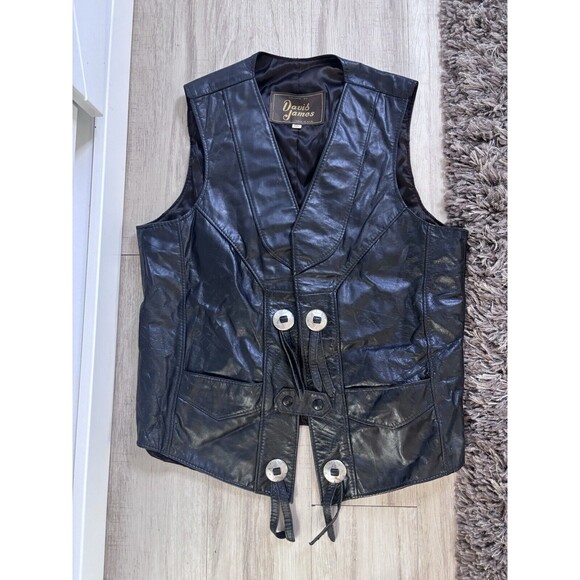 Davis James Black Leather Vest 42 Concho Biker Western Southwestern Lined USA